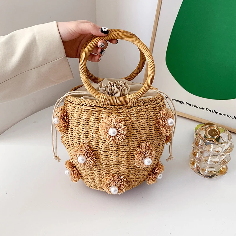 Summer Bohemian Seaside Handmade Straw Bag Hand-woven Rattan Bag Tassel Flower Pearl Decoration Bucket Bag Travel Purses 2022