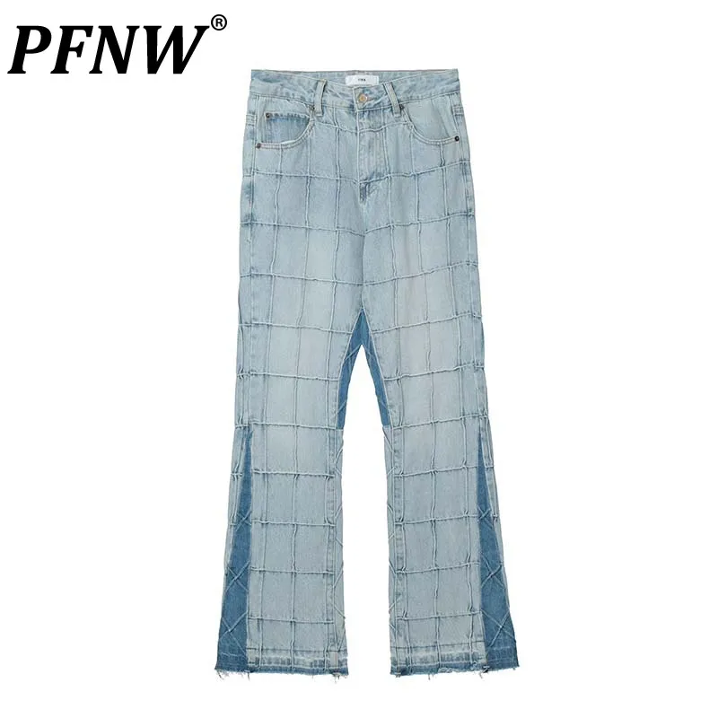 

PFNW Spring Autumn New Men's Trendy Patchwork Plaid Deckle Edge Jeans Popular Straight High Street Outdoor Denim Pants 12A8053