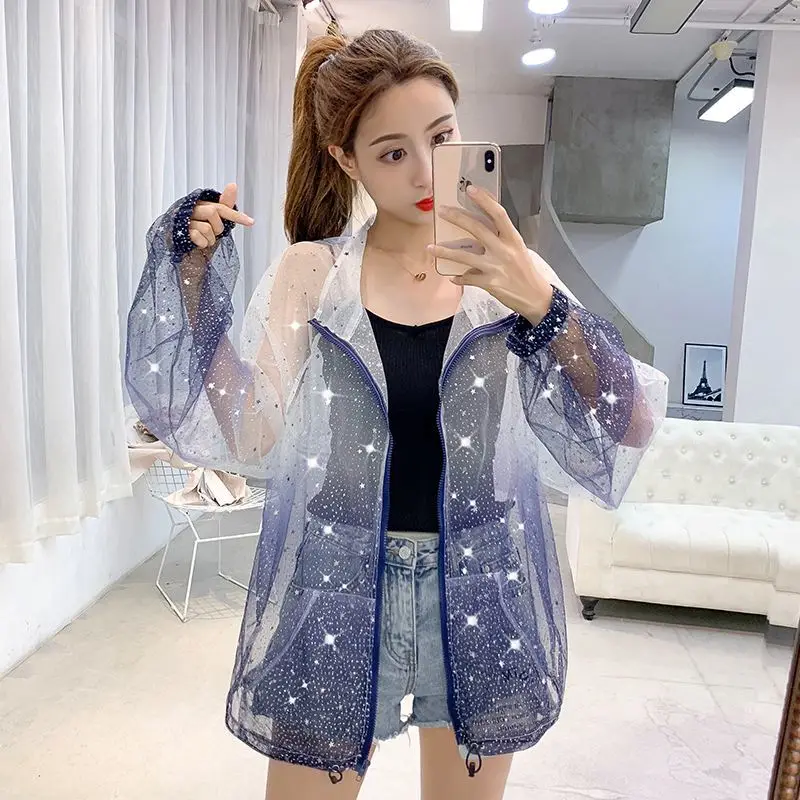 

Summer Long Sleeve See Through Sparkling Star Bling Sunscreen Sunproof Loosen Coat Chic Thin Sunproof Jacket