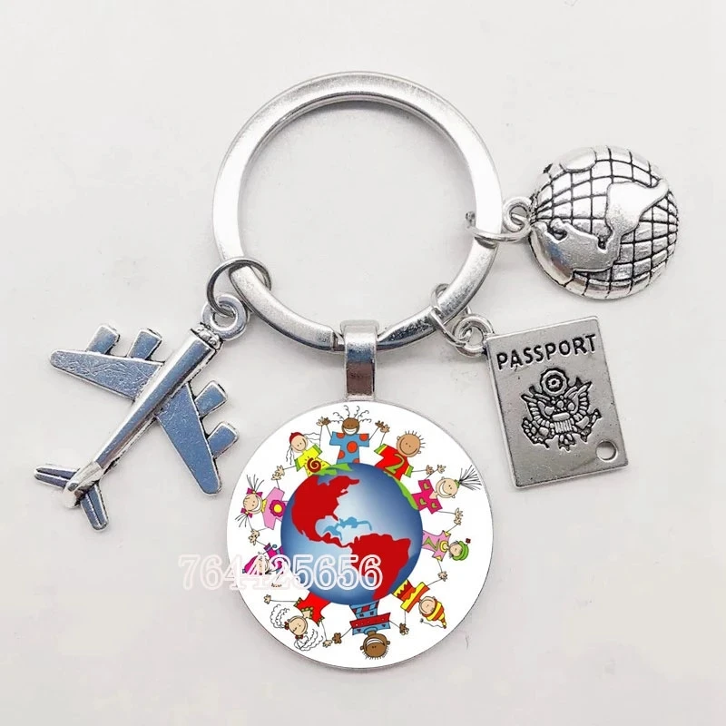 

Children'S Hand In Hand World Map Keychain Travel Exploration Glass Dome Cabochon Aircraft Charm Pendant Keychain Mens And Women