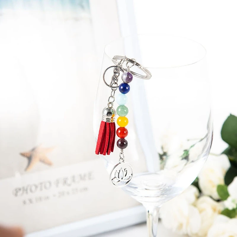 

Lotus Tassel Decor Keychain 7 Chakras Colorful Stone Beads Keyring Jewelry Gift for Women Men Friends Fashion Car Keys