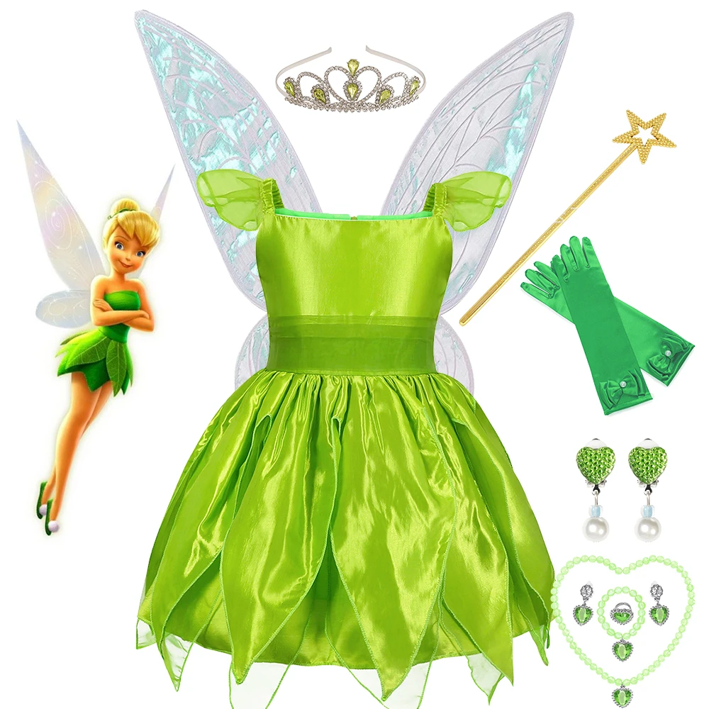 

Детский костюм с колокольчиком для малышей, платье феи Принцессы Диснея с крыльями, повязка на голову, палочка, эльф для маленьких девочек, зеленое платье принцессы