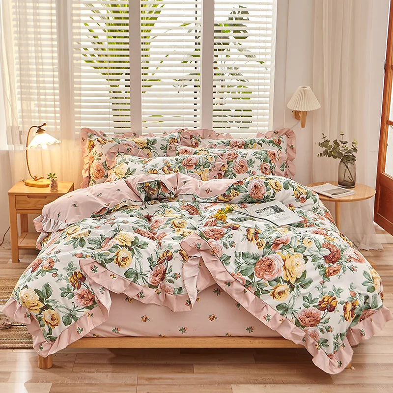 

Skin-friendly Brushed Princess Flowers Bedding Set Single Queen King Ruffle Quilt/Duvet Cover Bed Linen Fitted Sheet Pillowcases