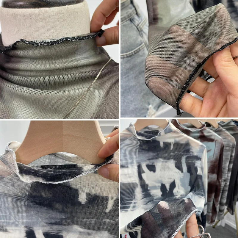 Женский топ с волнистыми краями и полувысоким воротником из смешанной сетки