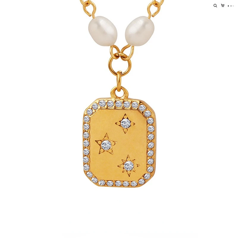 Square Set Full of Diamonds Zircon Double-sided Can Wear Pendant Freshwater Pearl Necklace Fashion