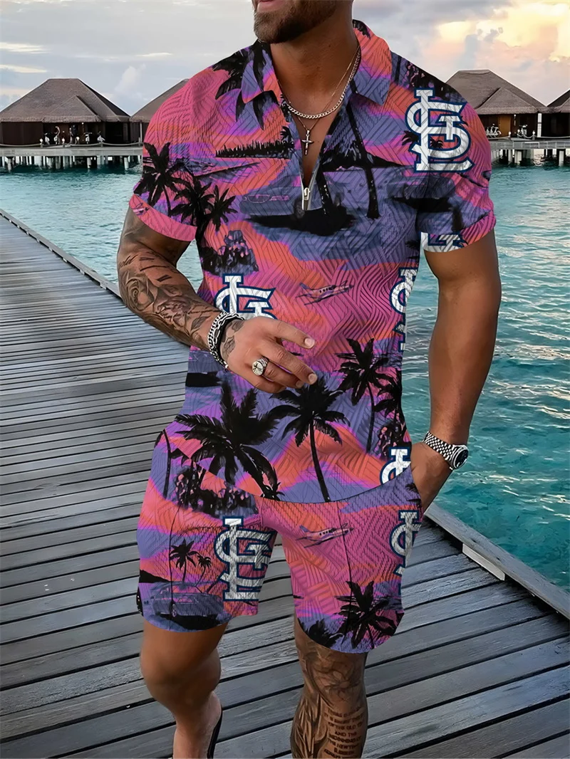 Men's Tracksuit 2 Piece Set Hawaiian Style Print 3D Polo Shirt T Shirt and Shorts Casual Man Clothing Zip-Up Polo Shirt