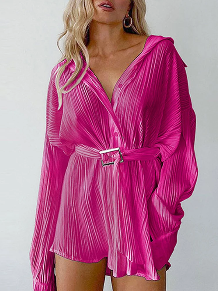 

Летнее платье-рубашка с длинным рукавом и отложным воротником, женское модное однотонное однобортное Платье на шнуровке, женские свободные плиссированные повседневные платья