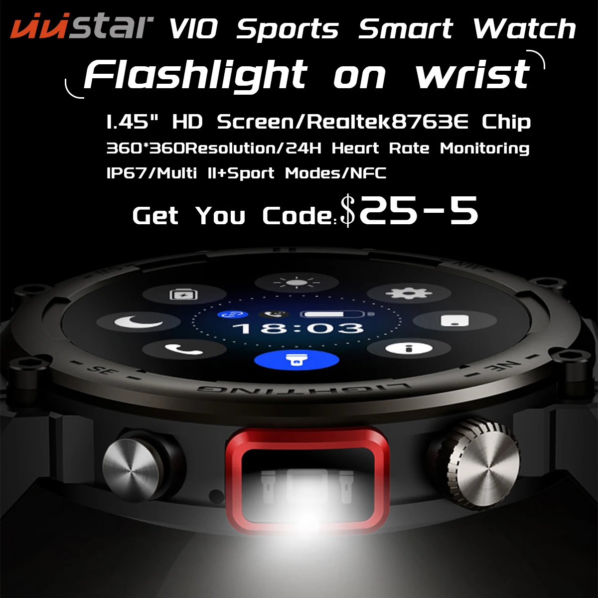 

VIVISTAR V10 Smart Watch For Men Outdoor Sport Watch 1.45" Screen 24H Heart Rate Monitoring Bluetooth Calling IP67 NFC Smartwach