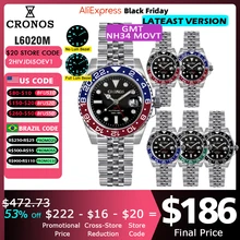 Cronos GMT Automatic Men Watch Bidirectional Bezel Sapphire 20 ATM NH34 Solid 5 links Metal Bracelet BGW-9 Lum