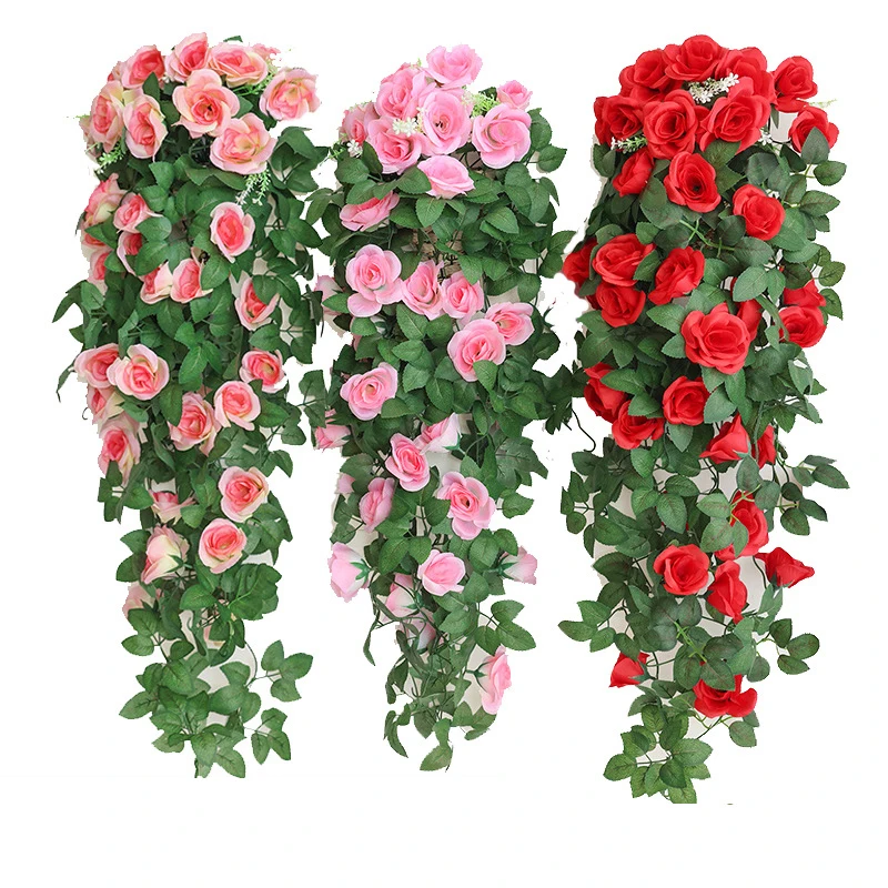 

Silk Artificial Rose Vine Hanging Flowers for Wall Christmas Rattan Fake Plants Leaves Garland Romantic Wedding Home Decoration