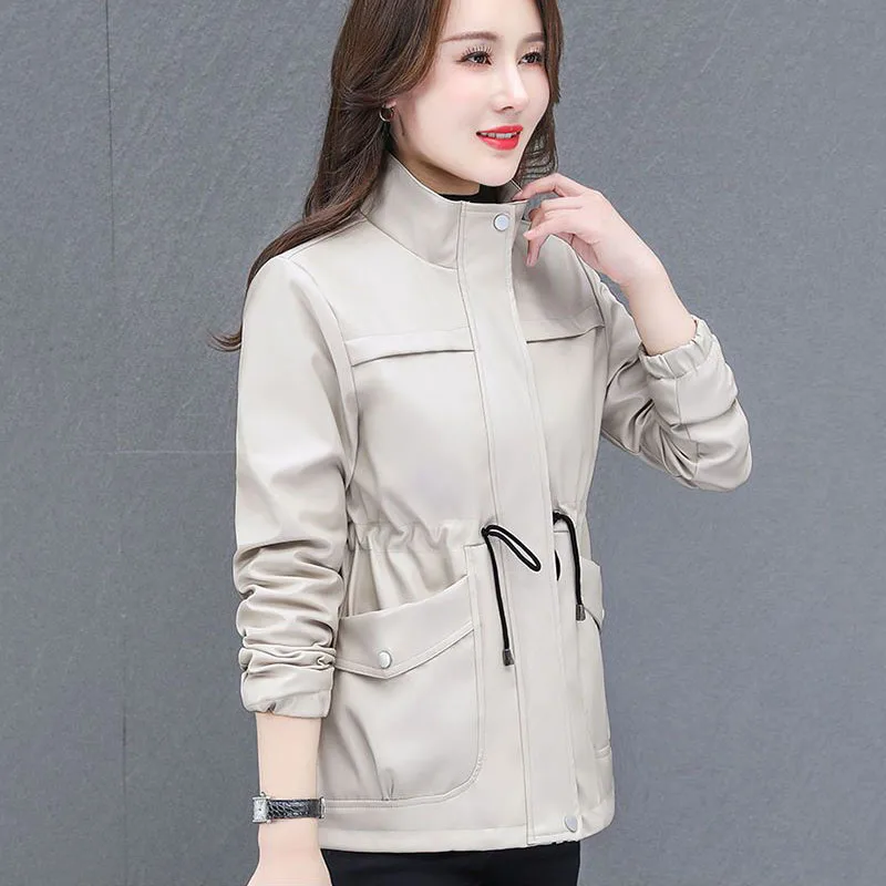 1pcs Women Long PU Leather Jackets Coat 2022 Autumn Faux Fur Zipper Splicing Bandage Stand Collar Ladies Skinny Locomotive Coats