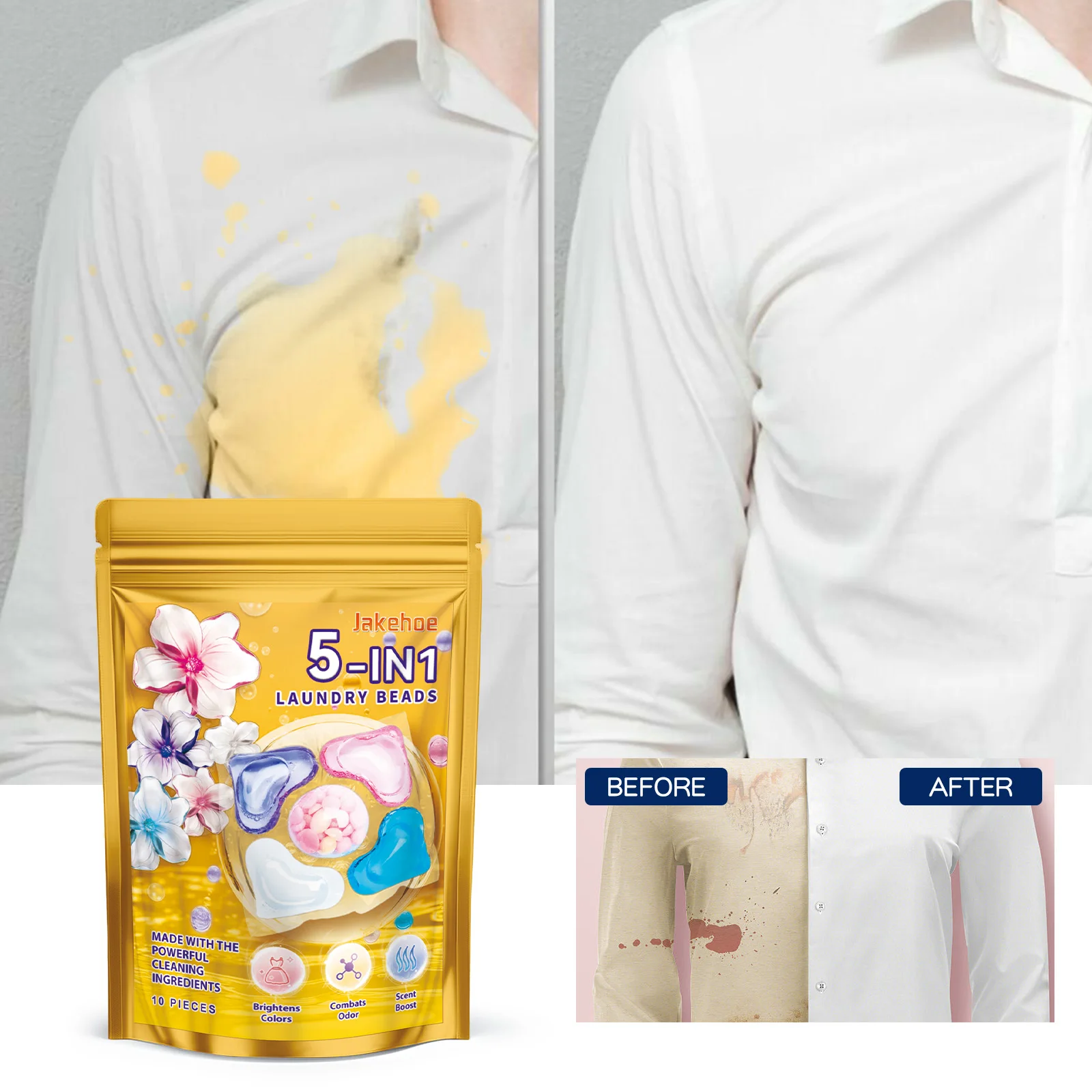 Jakehoe 10 шт. пакетик для стирки геля 5 в 1 очистки пятен стойкого аромата и гладких