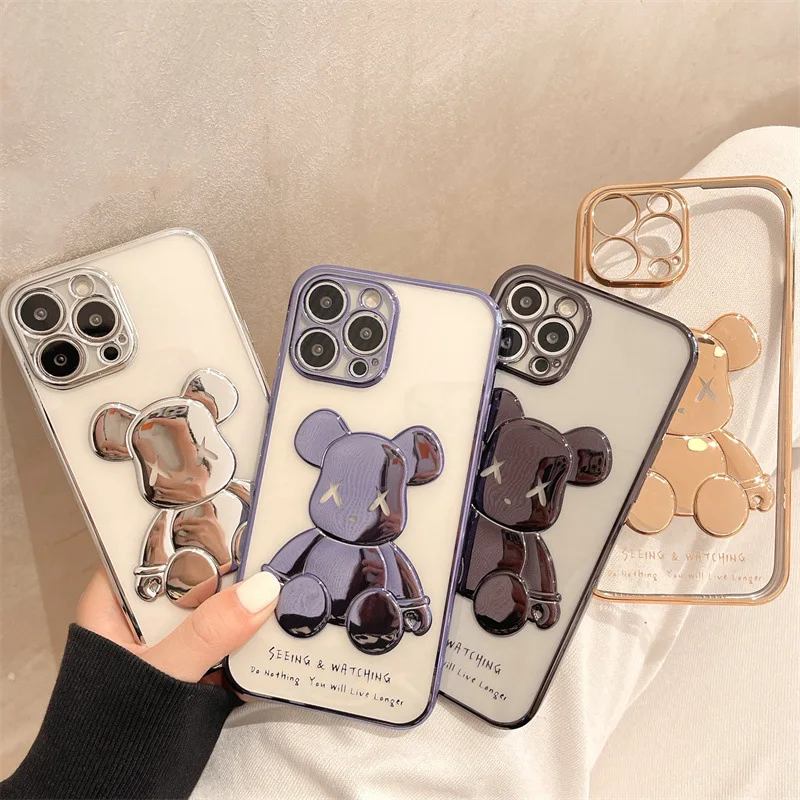 

IPhone 13 12 11 7 8 Plus X XR 11Pro XS Max Fashion Phone Case Electroplated Cute Bear Lens Cover Soft Transparent Silicone