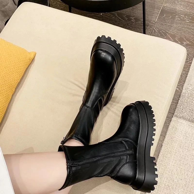 New short boots Ladies Thick Soles knee high Chelsea Non-slip zip Women shoe PU Leather Women's designer | Обувь
