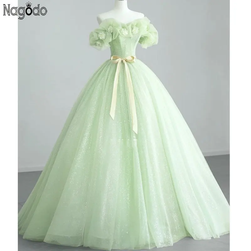 Luxury Green Princess Floral Off-Shoulder Strapless Evening Party Prom Dresses Women  A-line Ball Gown Tulle Formal Dress