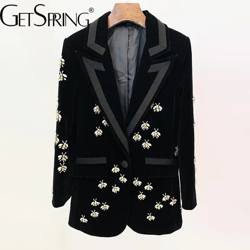 

GetSpring Женский блейзер 2023 осень пчела бриллиант на одной пуговице с длинным рукавом женский черный бархатный блейзер пальто женский костюм куртка новинка