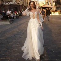 elegant puff sleeve wedding dresses for women lace appliques illusion princess boho beach a line bridal gowns vestidos de novia