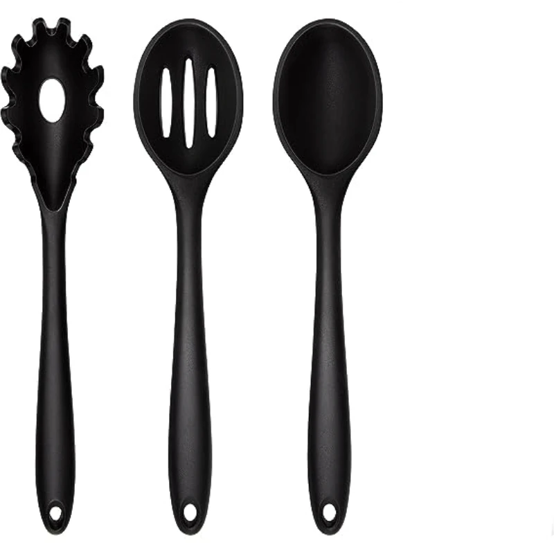 

Silicone cooking spoon, heat-resistant silicone spaghetti slotted spoon, solid bottom spoon for non stick pans, black kitchen si