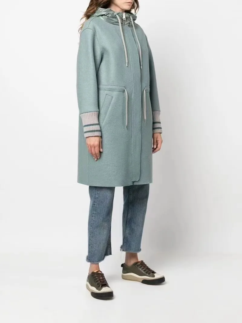 

HNOER New Fashion Trend Temperament Commuter Zipper Hooded Medium Long Woolen Coat Coat
