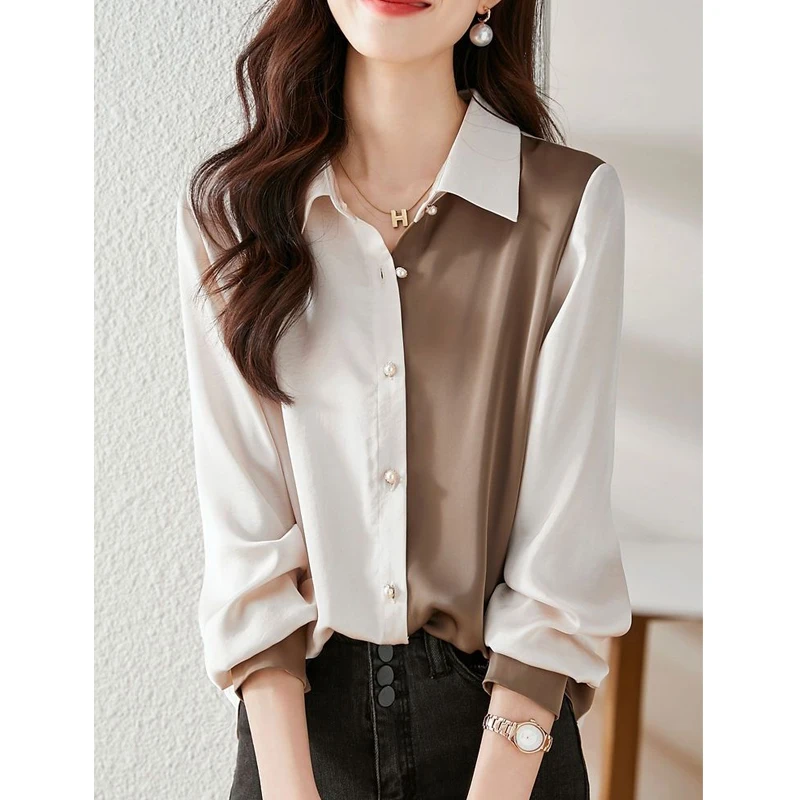 Elegant Chic Office Lady Bead Button Up Shirt Korean Fashion Patchwork Long Sleeve Commute Top Blouse Women Blusas Clothing 2023