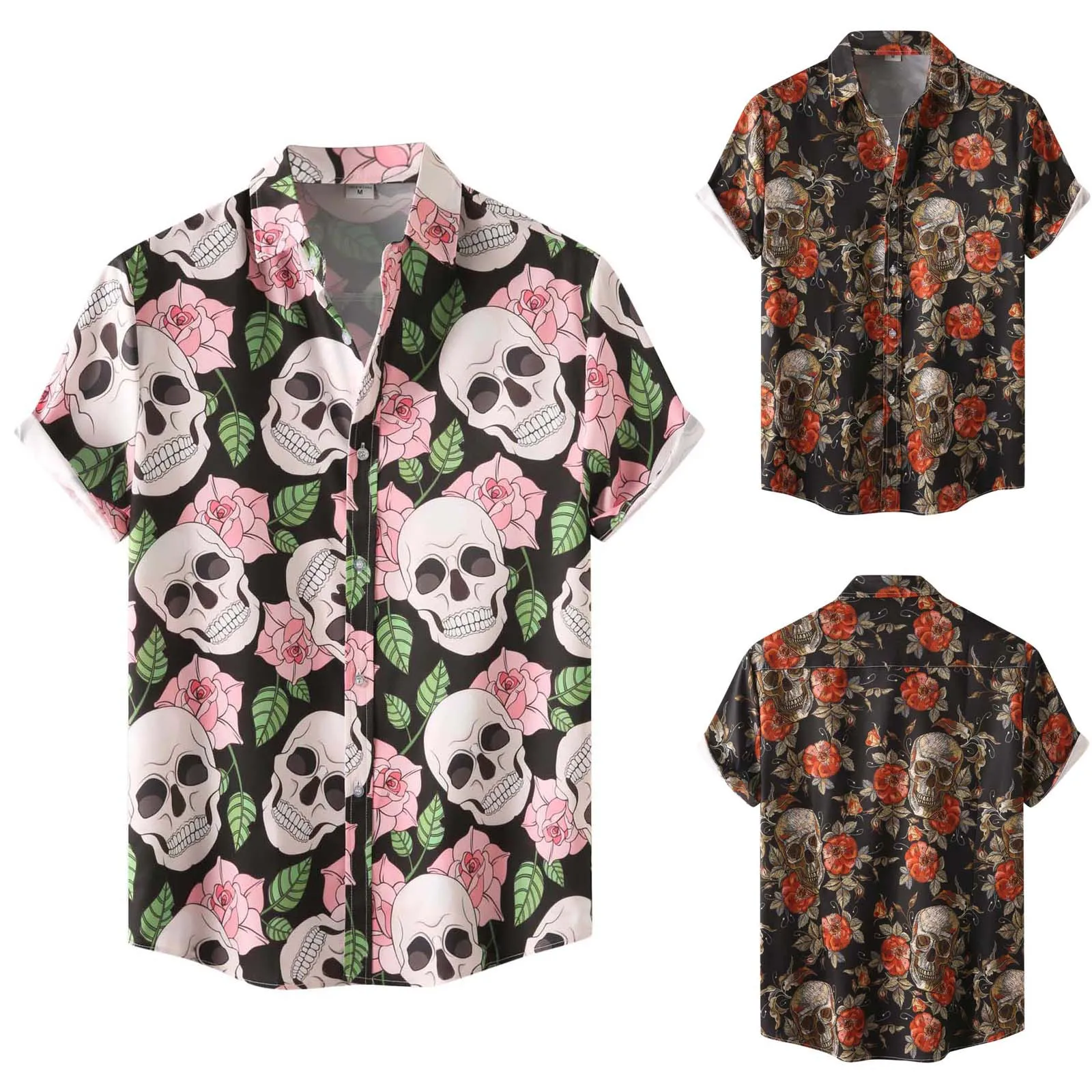 

Mens Shirts Bulk Male Party Halloween Bone Print Shirt Short Sleeve Turn Down Collar Button Shirt Casual Summer Top