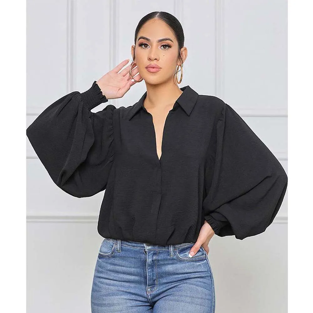 

Blouse Loose Lapel Black Fashion Long Sleeve Solid Color Shirt Casual Slim Ladies Top Elegant Ladies Shirt For Spring Summer