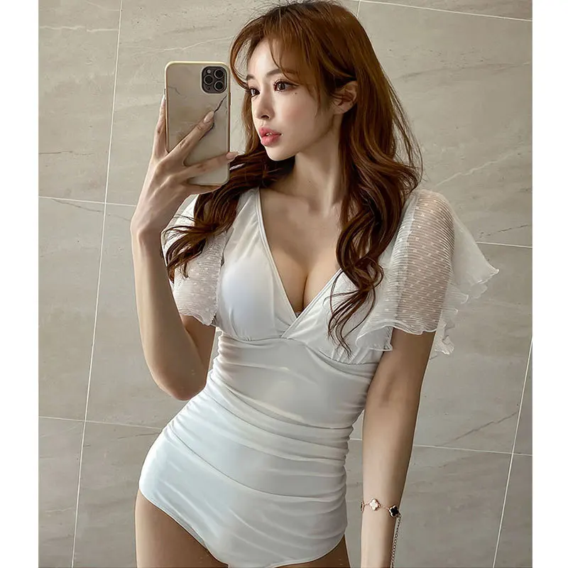 

Korean Style One Piece Swimsuit Women Fairy Sexy V-neck Lace Short sleeved Slim Swimwear Women Bow Backless Bathing Suit 2022