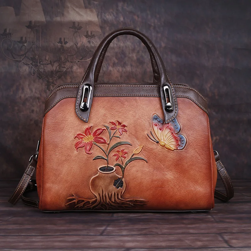 

Fashion Floral Design Women Handbags Genuine Leather Vintage Tote Bags First Layer Cowhide Shoulder Bag Satchels