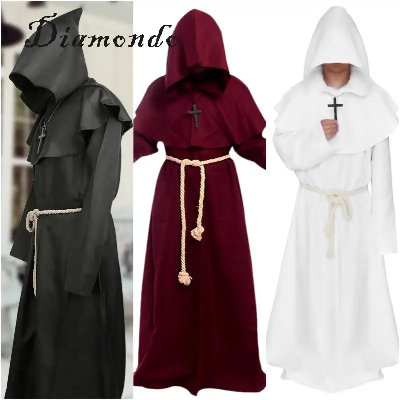 

Halloween Cosplay Costume Vintage Style Renaissance Priest Cape Robe Gothic Hooded Robe with Necklace Waist Rope Vacation Outfit