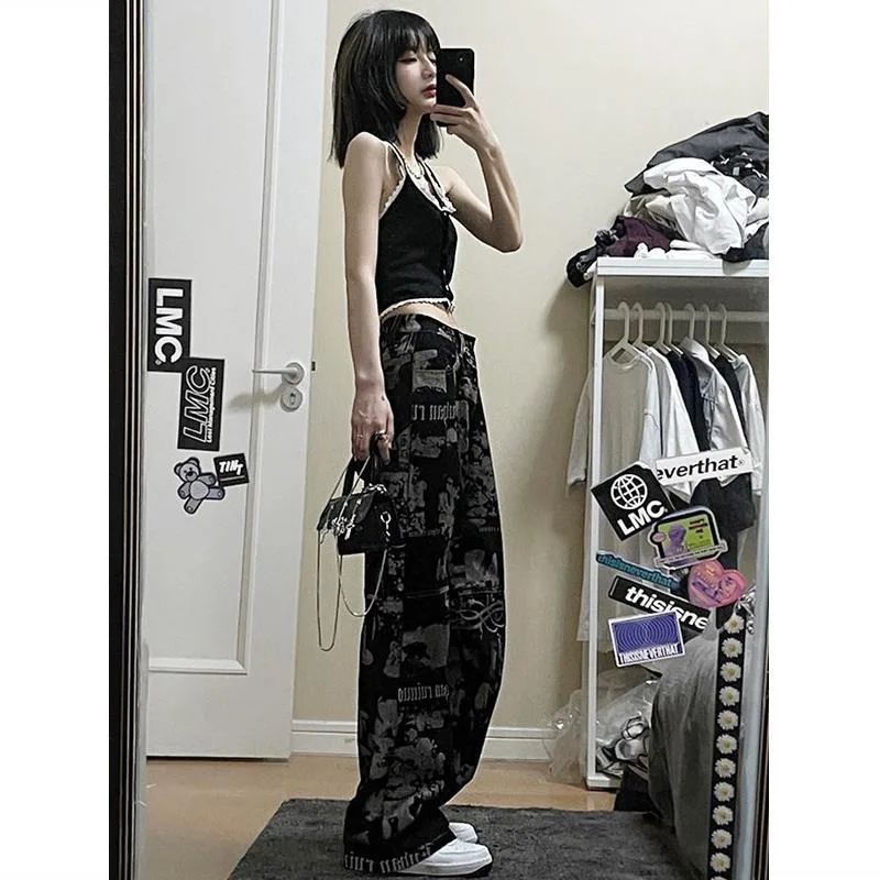 Deeptown Cyber Y2k Streetwear Jeans Women Denim Grunge Vintage Wide Leg Pants Gothic Gyaru Hippie Oversized High Waist Trousers