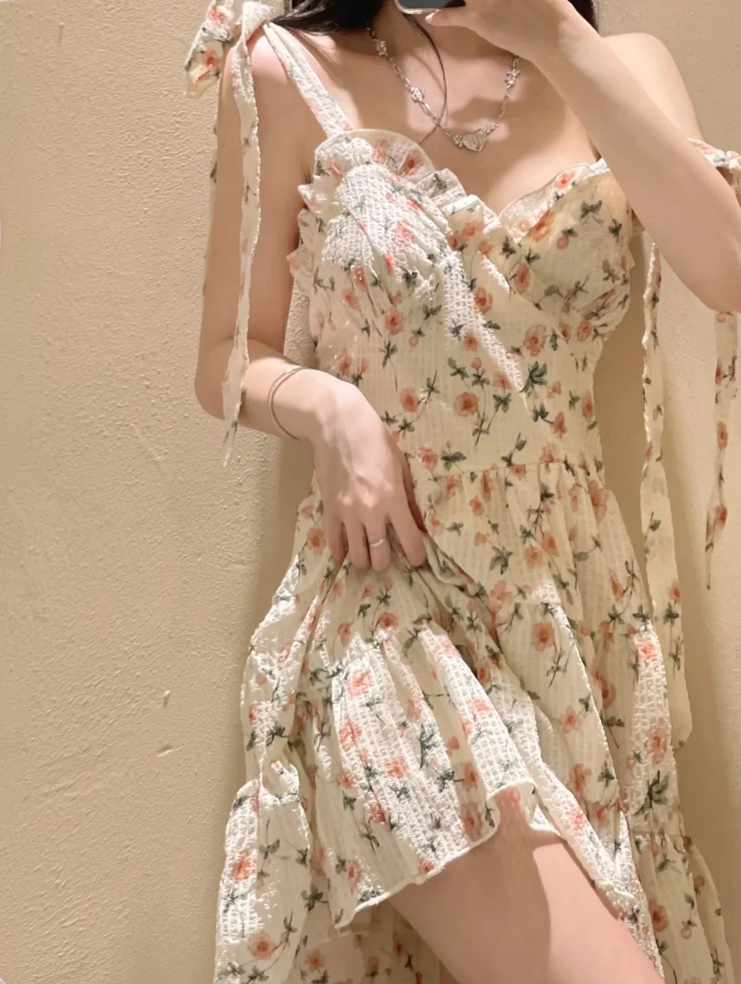 

Women's Summer Suspender Dress Sweet Seaside Holiday A-line Skirt Broken Flowers Vintage Indie Short Dress Beach Clothes