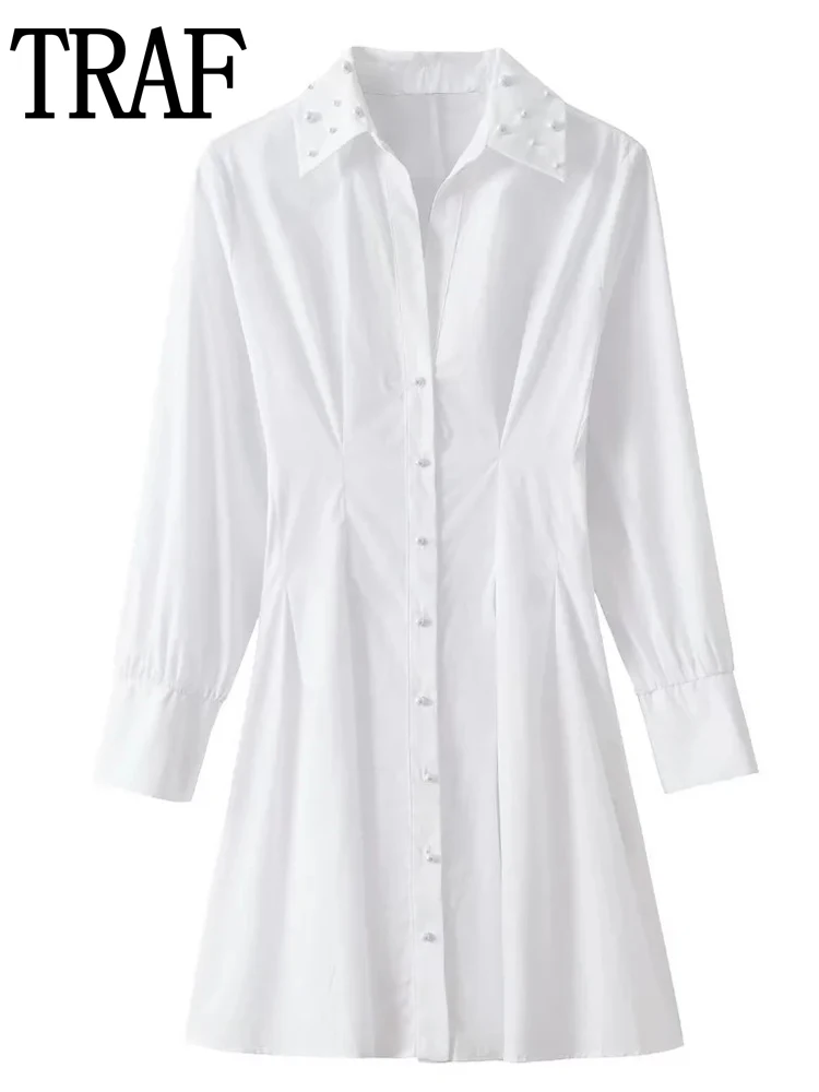 

Белое Женское Платье-рубашка на пуговицах, с жемчужинами