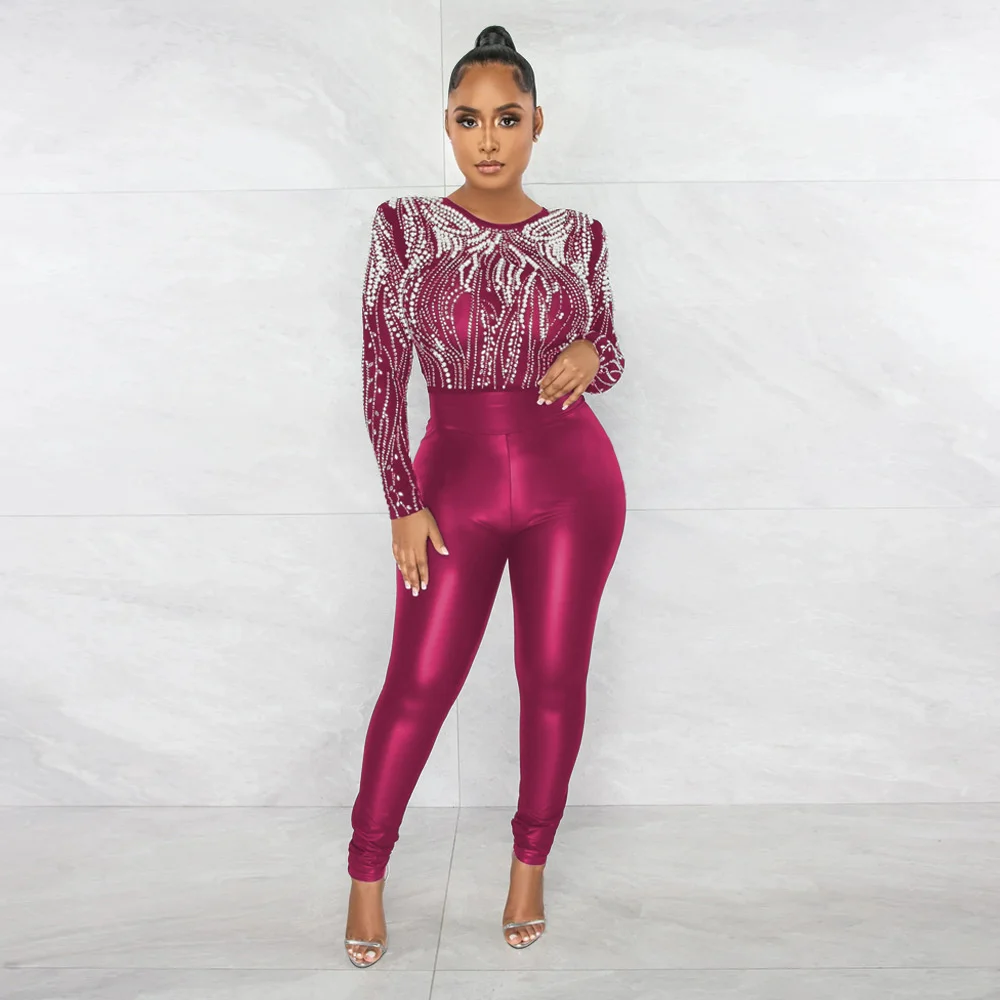 

Fashionable New Women's Sexy Perspective Slim Fit High Neck Long Sleeves Heavy Work Hot Drill Solid Color Jumpsuit