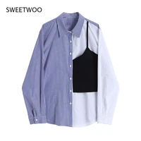 women shirt striped 2022 spring blouse irregular long sleeve patchwork fashion korean chic turn down collar blue clothe slim