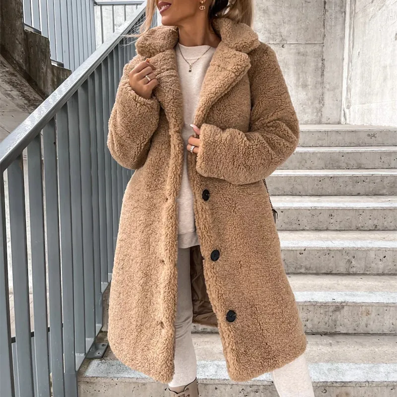 

Winter 2022 Women Warm Coat Wool Blends Single Breasted Outerwear Plush Teddy Cardigans Overcoats Femme Coats Fashion Streetwear