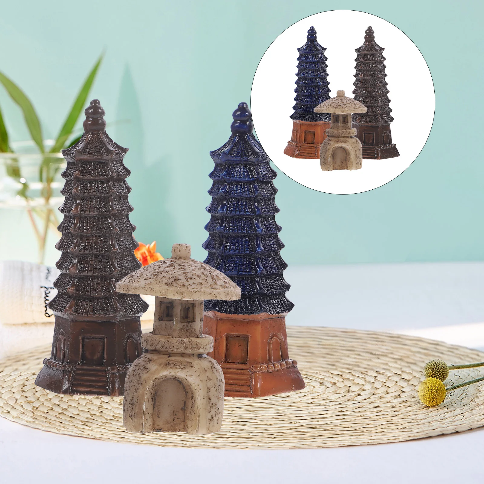 

3pcs Mini Pavilion Statue Resin Pavilion Bonsai Micro Landscape Pagoda Decoration