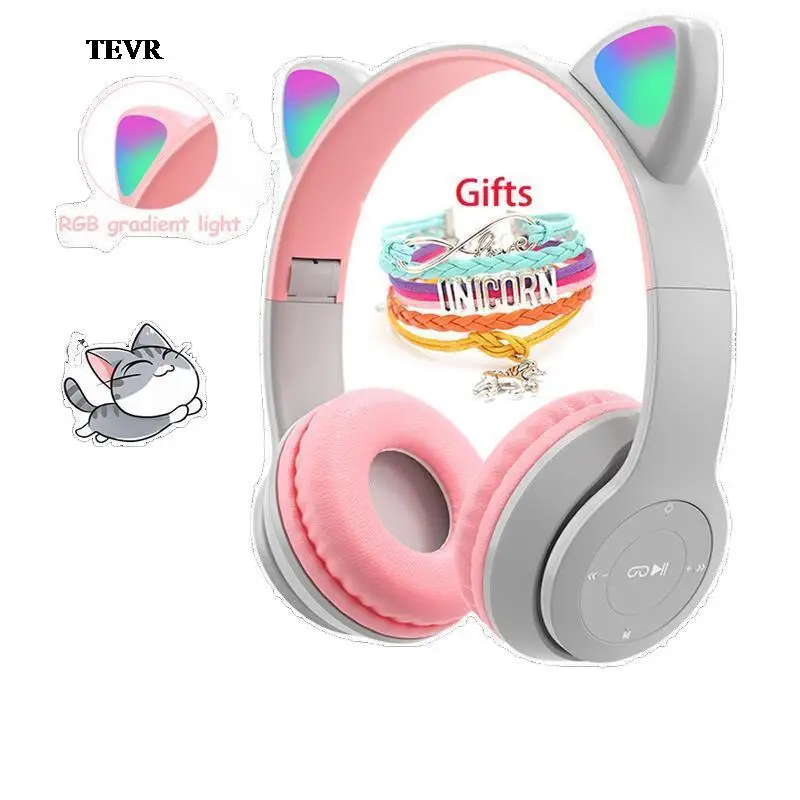 

TEVR Wireless Headphones Cat Ears with Microphone Bluetooth Lights Stereo Bass Girl Gift Computer Mobile Gaming Headset