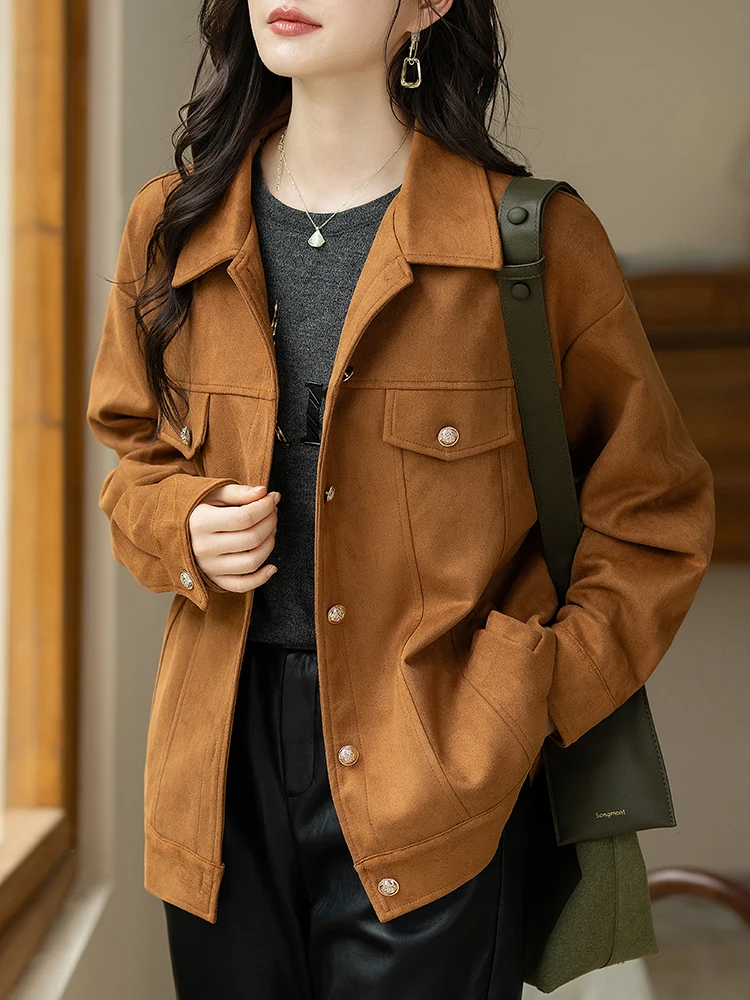 Коричневая замшевая короткая верхняя одежда Maillard для женщин осень 2023 новая