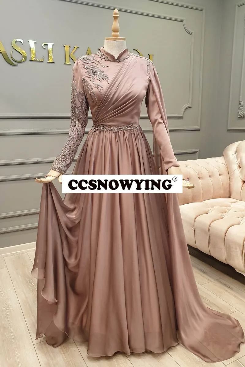 

Розовое шифоновое платье с длинными рукавами и аппликацией, мусульманское вечернее платье, марокканский кафтан, Арабский Дубай, хиджап, бал...