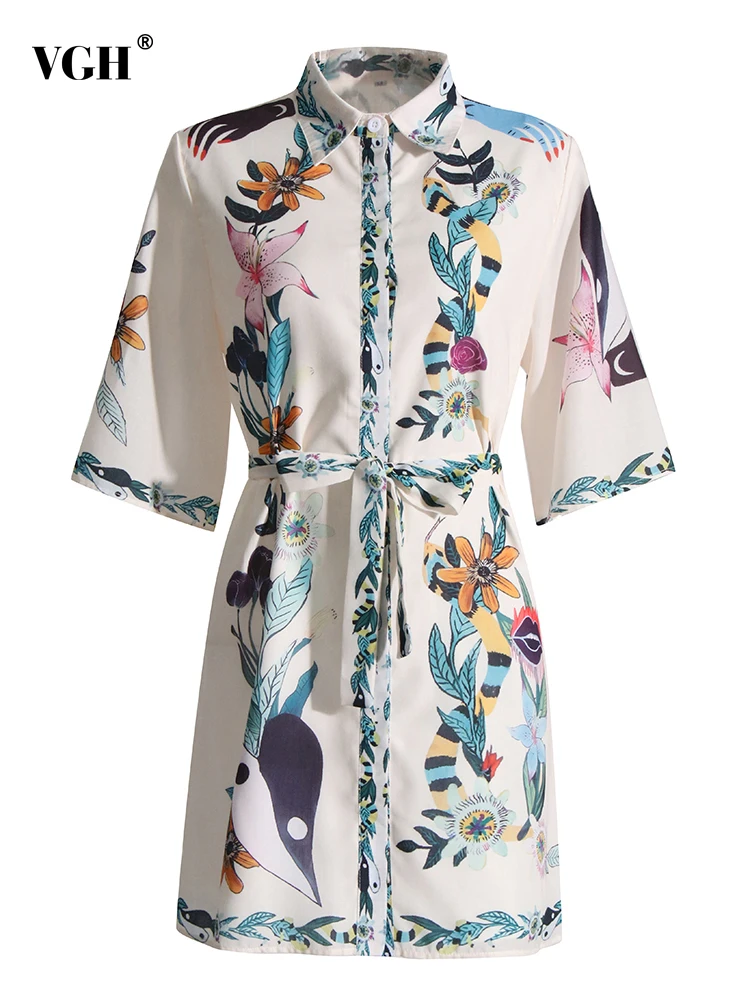 

VGH Print Spliced Lace Up Dresses For Women Lapel Short Sleeve High Waist Tunic Slim Casual Mini Dress Female Summer Clothing