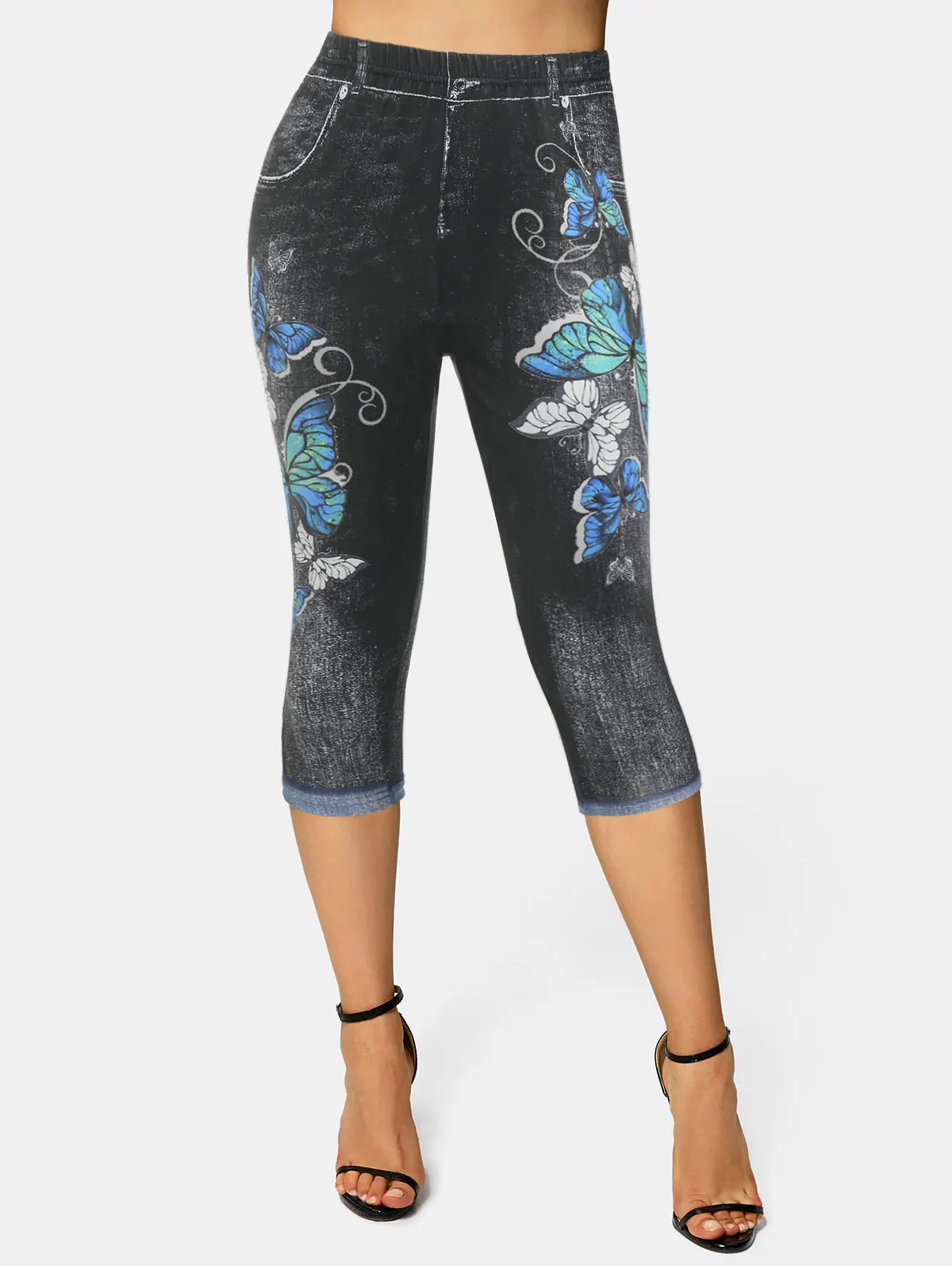 

Women Stretch Elastic High Waisted Skinny 3D Butterflies Print Capri Jeggings