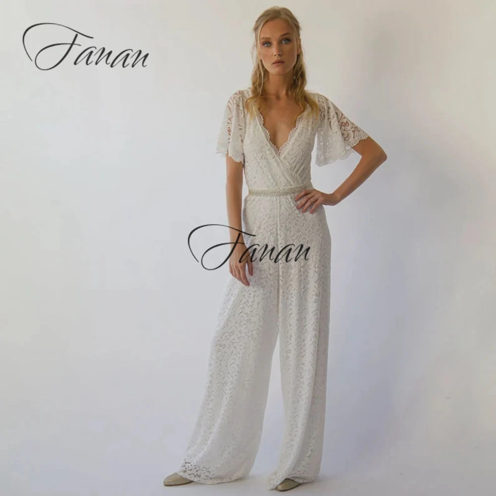

Boho Short Sleeve Wedding Jumpsuits Dresses Long V-Neck Lace Wedding Suits Sets For Bride Gowns Sheath Wedding Gown