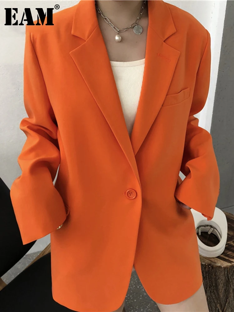 

[EAM] Women Orange Big Size Long Casual Blazer New Lapel Long Sleeve Loose Fit Jacket Fashion Tide Spring Autumn 2022 1DE1531