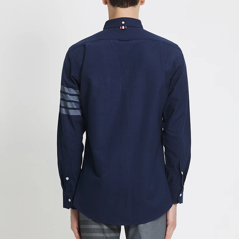 TB THOM Men's Shirt Navy Fashion Top Brand 4-Bar Gray Stripes Casual Oxford Fine Cotton Long Sleeve High Quality Women's Shirts