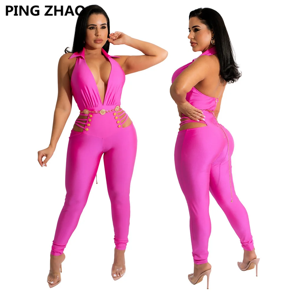 

PING ZHAO Women Hollow Out High Waist Deep V-neck Sleeveless Tunic Jumpsuit Sexy Night Party Clubwear Summer Playsuit Overall