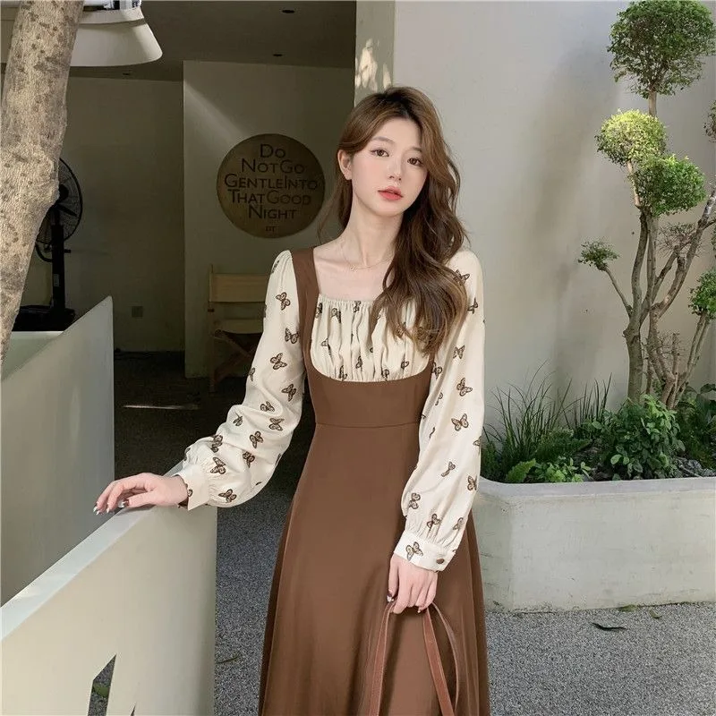 

Deeptown Vintage Elegant Brown Midi Tunic Dress Women Korean Style Floral One Piece Long Sleeve Corset Dresses French Vestidos