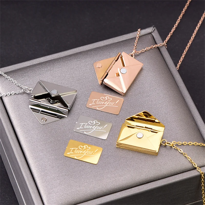 I Love You Letter Envelope Necklace For Women Stainless Steel Locket Jewelry Spanish language Pendant Engraved Note For Girls