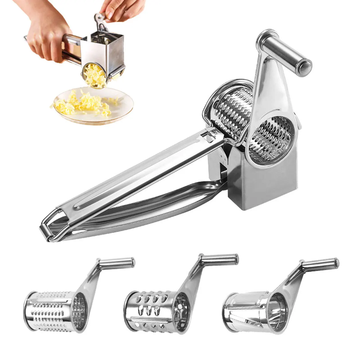 

Rotary Cheese Grater 3 Interchangeable Drum Blades Reusable Stainless Steel Rotary Cheese Grater Slicer Kitchen Roller Gadgets