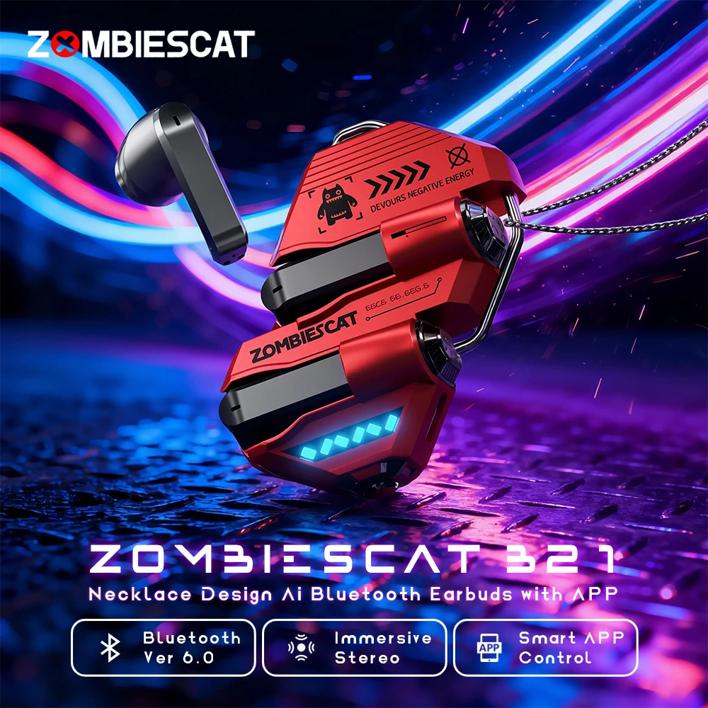 Фото Беспроводные TWS-наушники Zombi Cat B21 Bluetooth с AI-переводом, дизайн в виде ожерелья, для полного погружения в музыку, с поддержкой умного приложения №2