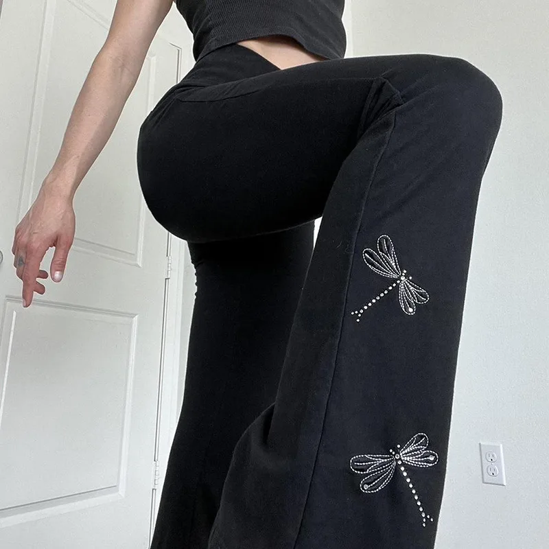 

Goth Dark Gothic Dragonfly Embroidery Casual Pants Y2k High Waist Skinny Women Sweatpants Grunge Yoga Boot Cut Fashion Trousers